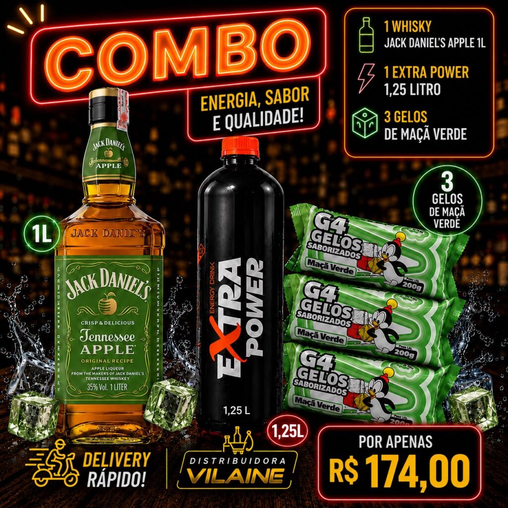1- Whisky Jack Daniels Maçã Verde 1L 1-Extra Power 1,25L  3-Gelos Saborizados sabor Maça Verde