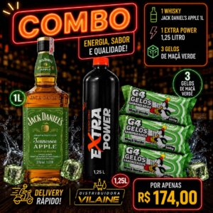 1- Whisky Jack Daniels Maçã Verde 1L 1-Extra Power 1,25L  3-Gelos Saborizados sabor Maça Verde