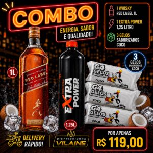 1- Whisky Red Label 1L 1-Extra Power 1,25L  3-Gelos Saborizados sabor Coco
